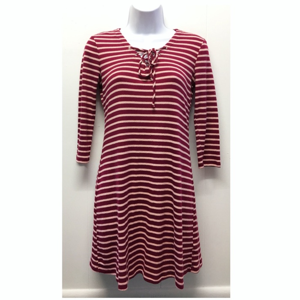 Red Camel | Ribbed + Laced Up Striped Dress •